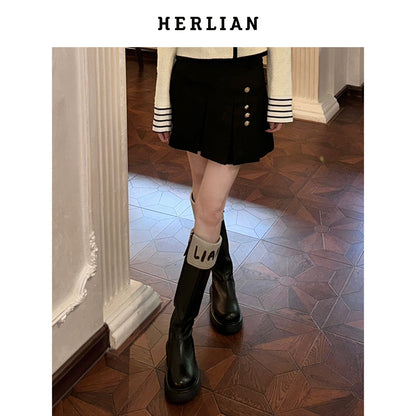 Herlian Flip Logo Leather Heel Boots Black