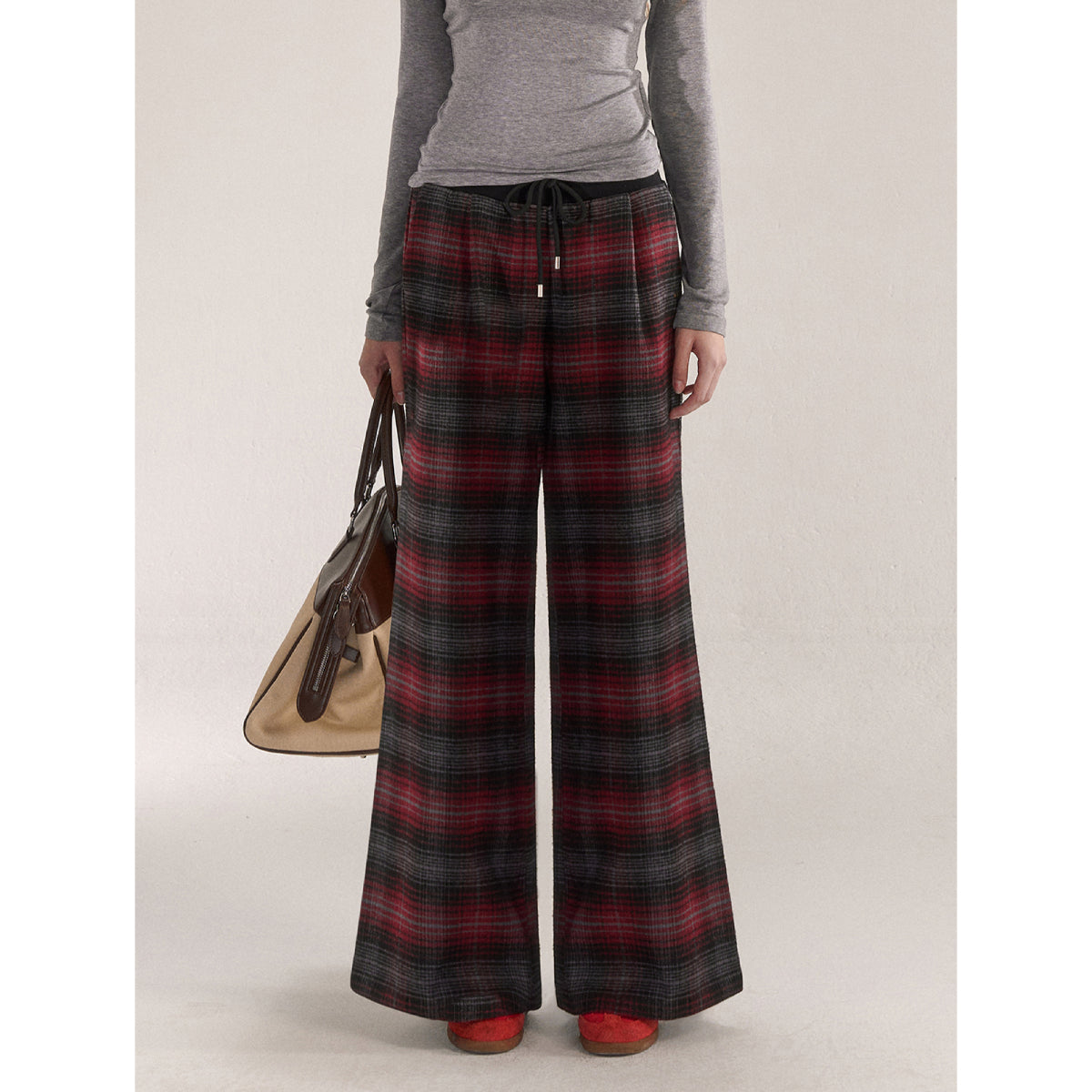 AsGony Retro Plaid Elastic-Waist Wide-Leg Pants