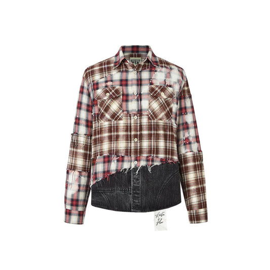 Aventen Pin Denim Bottom Plaid Shirt Red