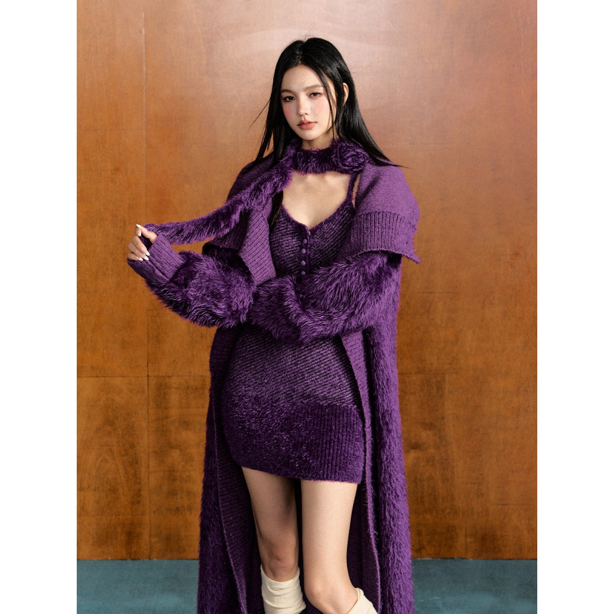 AGAM Feather Yarn Knit Long Coat Purple