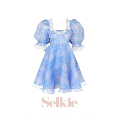 Selkie Cindy Plaid Puff Dress Pink Blue