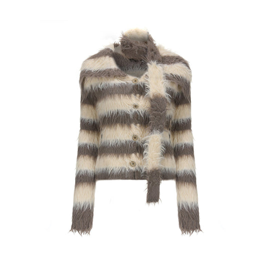 AGAM Striped Fuzzy Fur Cardigan Khaki