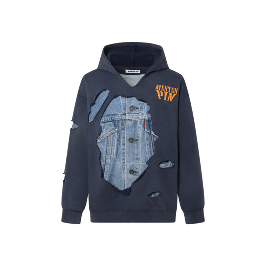 Aventen Pin DIY Tearing Denim Inside Hoodie Navy Blue