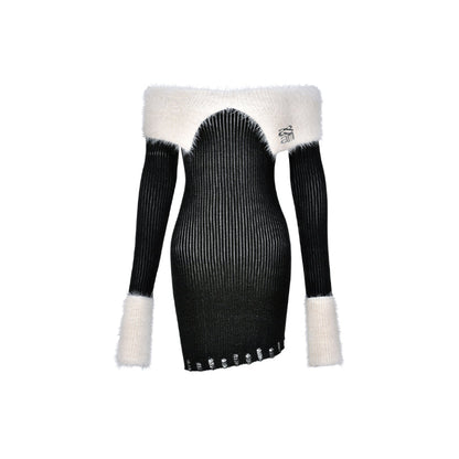 AGAM Off-Shoulder Fur Trim Knit Dress Black