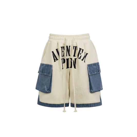 Aventen Pin Denim Patch Sweat Shorts White