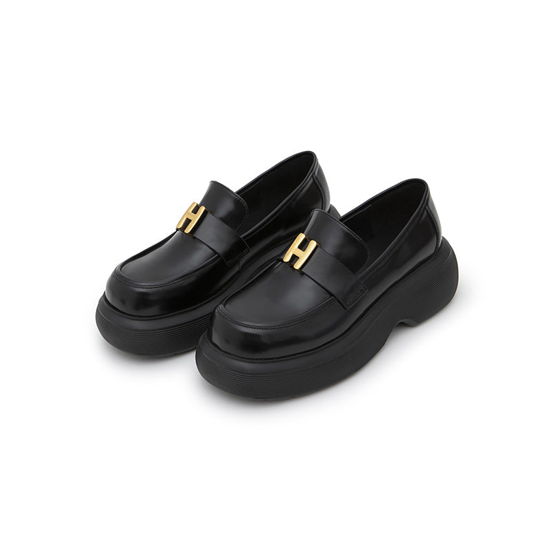 Herlian Logo Buckle Thick Sole Leather Loafer Black