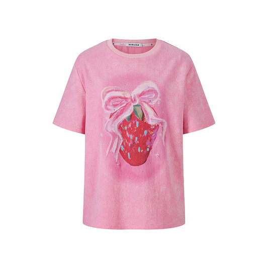 Herlian Strawberry Bow Printed Studded T-Shirt Pink