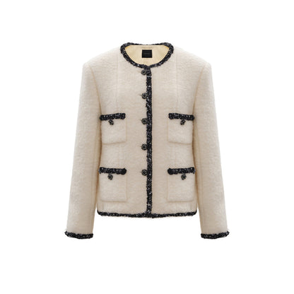 Concise-White Color Blocked Tweed Coat White