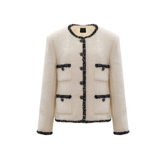 Concise-White Color Blocked Tweed Coat White