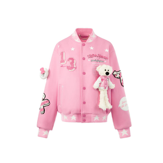 13De Marzo X Hello Kitty Plush Bear Baseball Jacket Pink