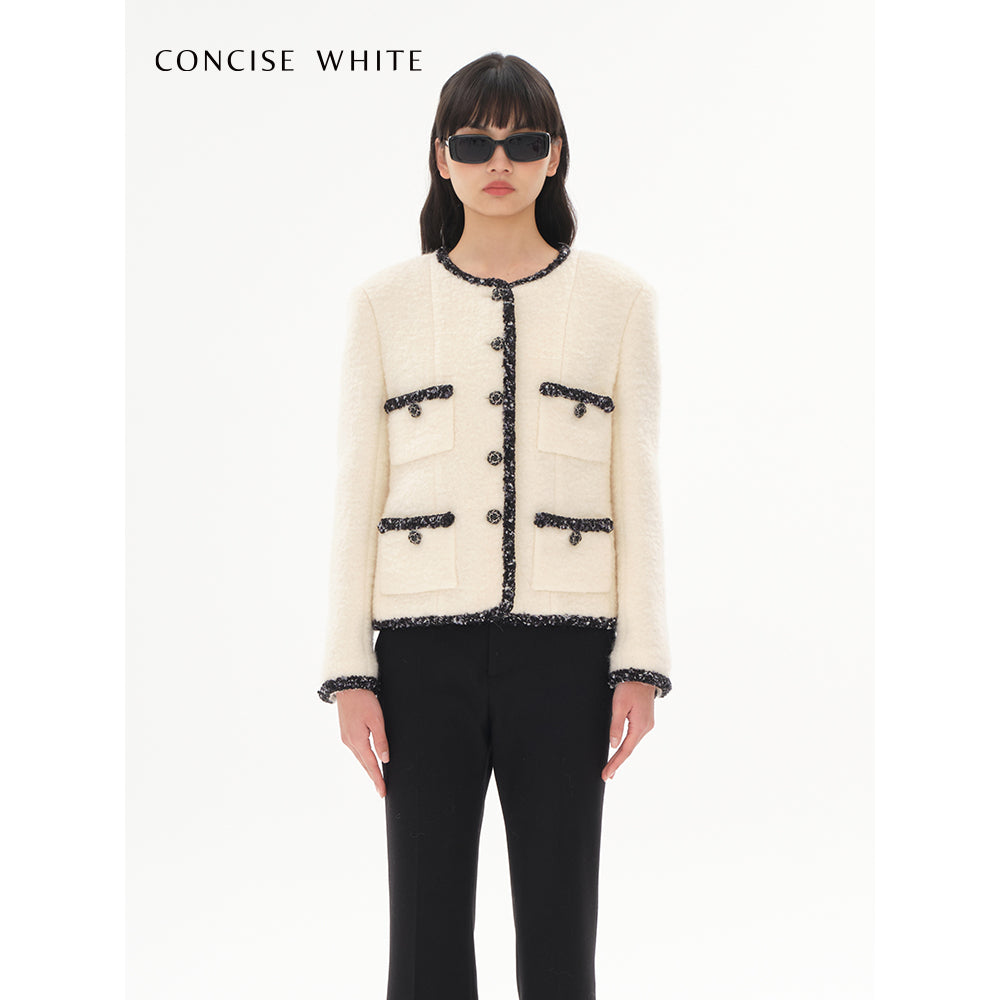 Concise-White Color Blocked Tweed Coat White