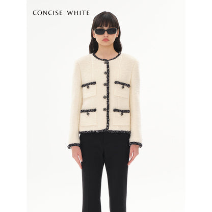 Concise-White Color Blocked Tweed Coat White