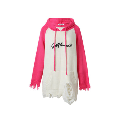 Jac Fleurant Color Blocked Destroyed Knit Hoodie Pink