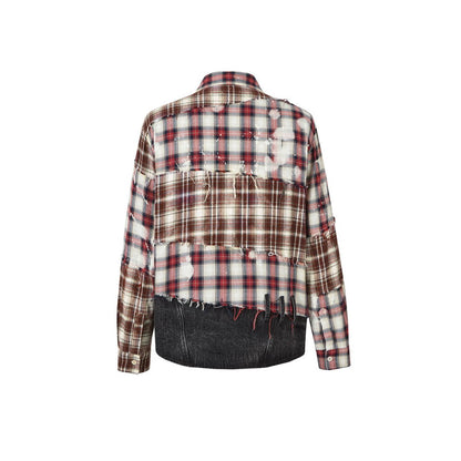 Aventen Pin Denim Bottom Plaid Shirt Red