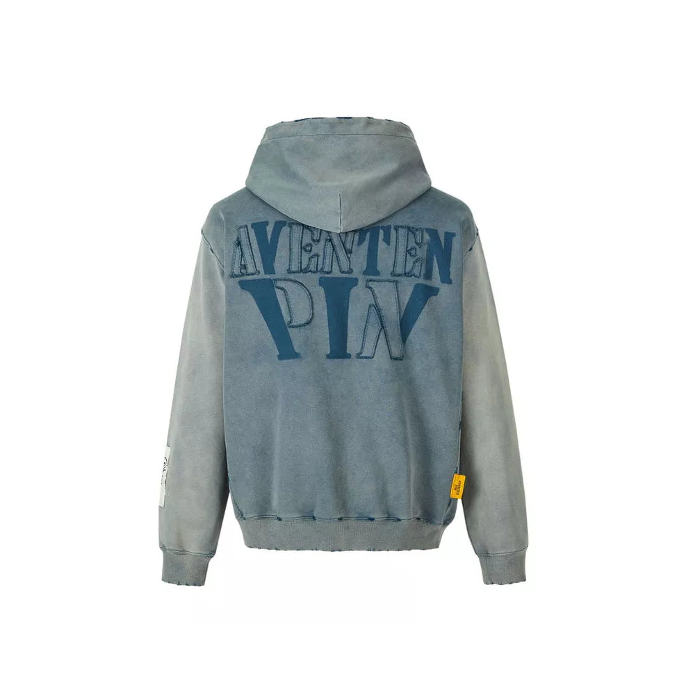 Aventen Pin Patched Logo Washed Hoodie Blue