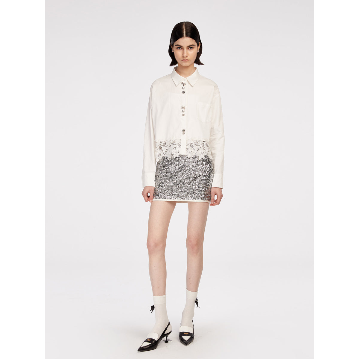 Herlian Lace Edge Embellished Shirt White