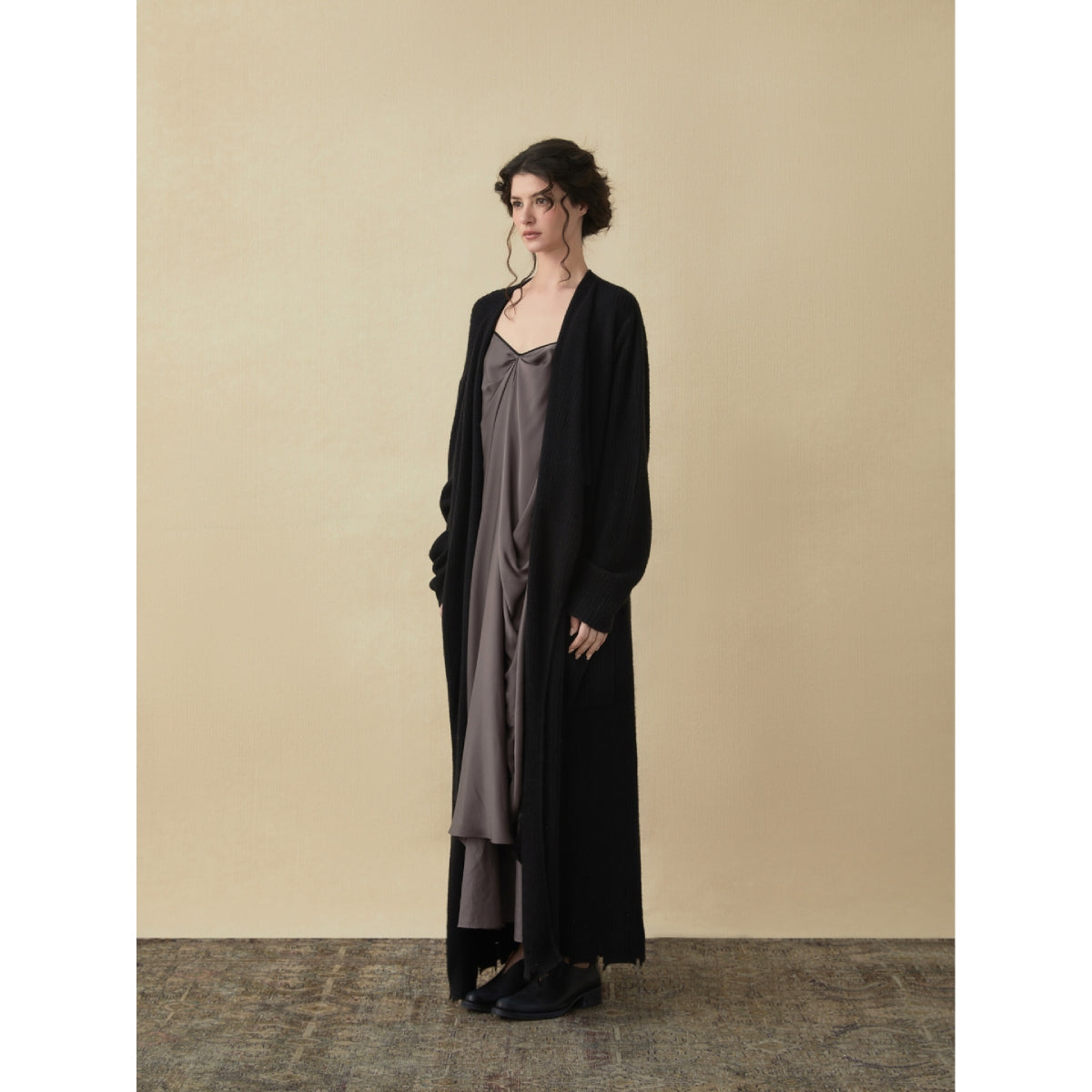 Elywood Black Lapel Knit Long Coat