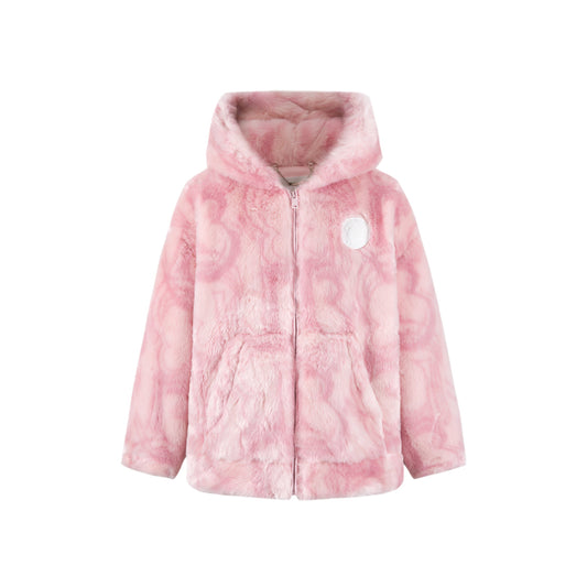 13De Marzo Artificial Fur Logo Hooded Coat Pink