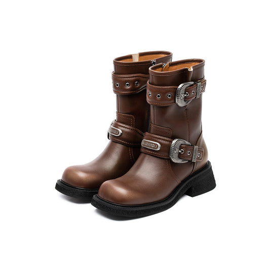 SugarSu Double Metal Buckle Leather Boots Brown