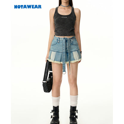 NotAwear Colo Blocked Hollow-Out Denim Pleated Skirt