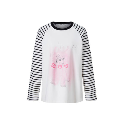 Herlian Puppy Printed Raglan Striped L/S T-Shirt White