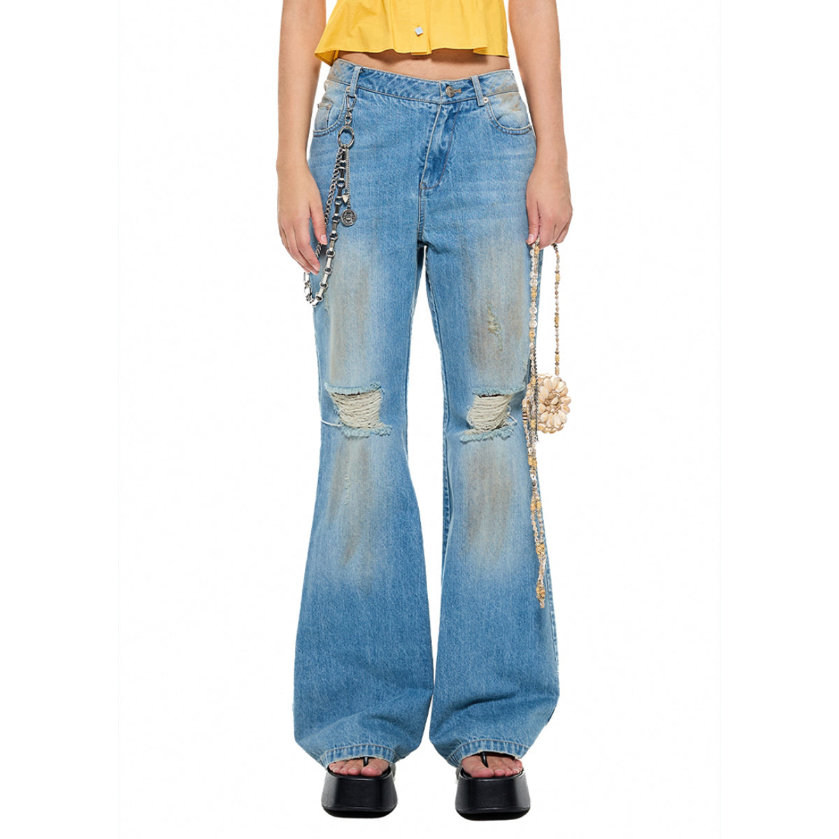 Alexia Sandra Slanted Waistband Distressed Denim Pants