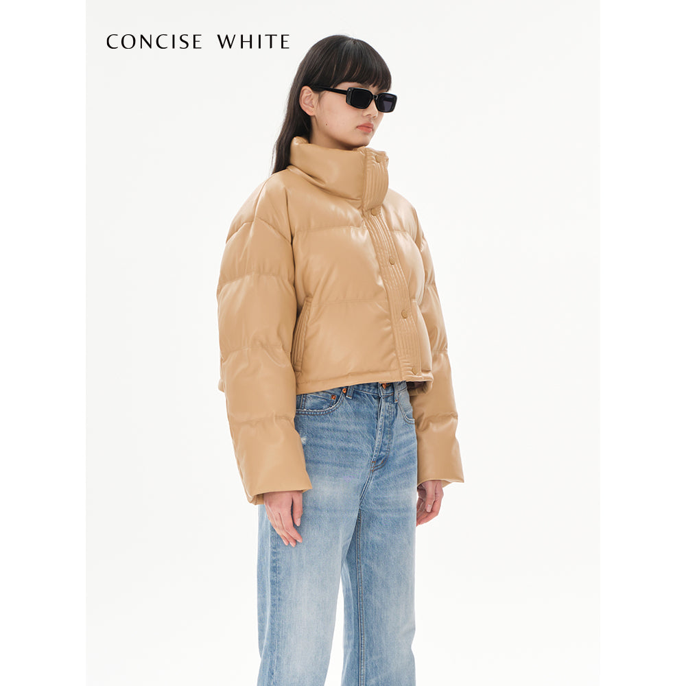 Concise-White PU Leather Puff Cropped Down Jacket Khaki