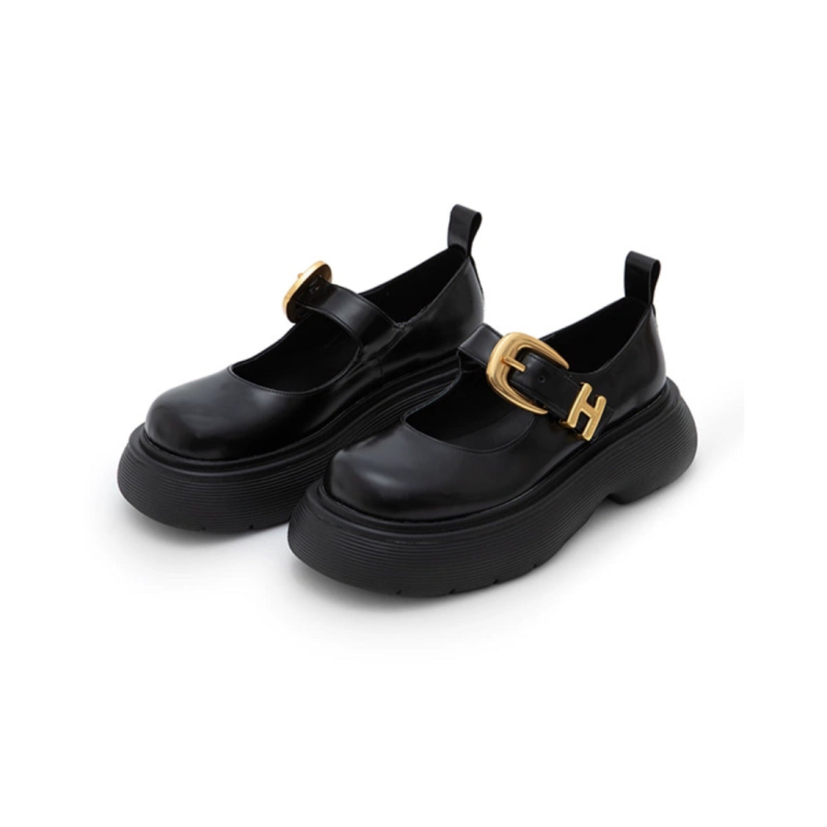 Herlian Logo Buckle Thick Sole Leather Mary Jane Black