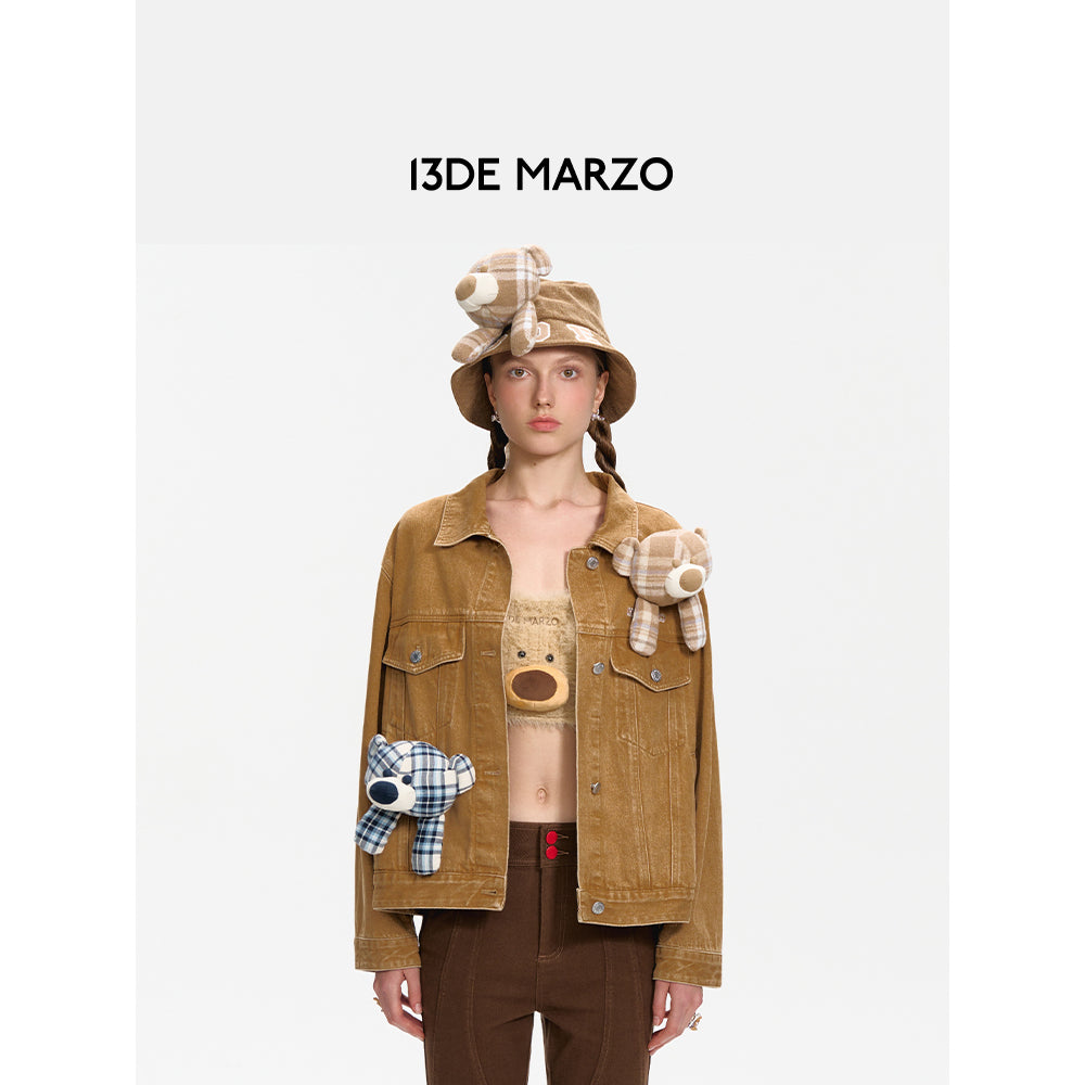 13De Marzo Bear In Wormhole Denim Jacket Khaki