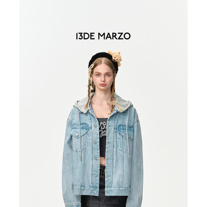 13De Marzo Heart Bear Hooded Denim Jacket