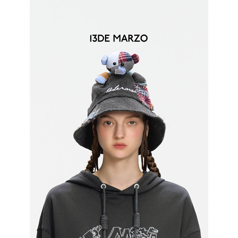 13De Marzo Plaid Patch Denim Bucket Hat Black