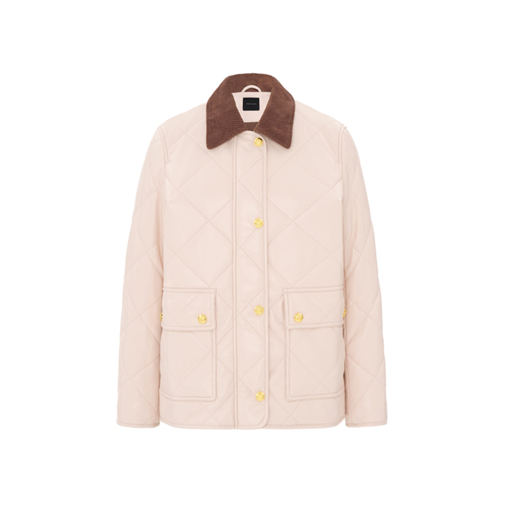 Concise-White PU Leather Puff Jacket Pink