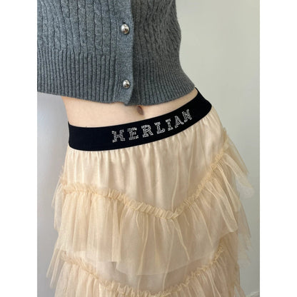 Herlian Rhinestone Logo Waist Gauze Skirt Cream