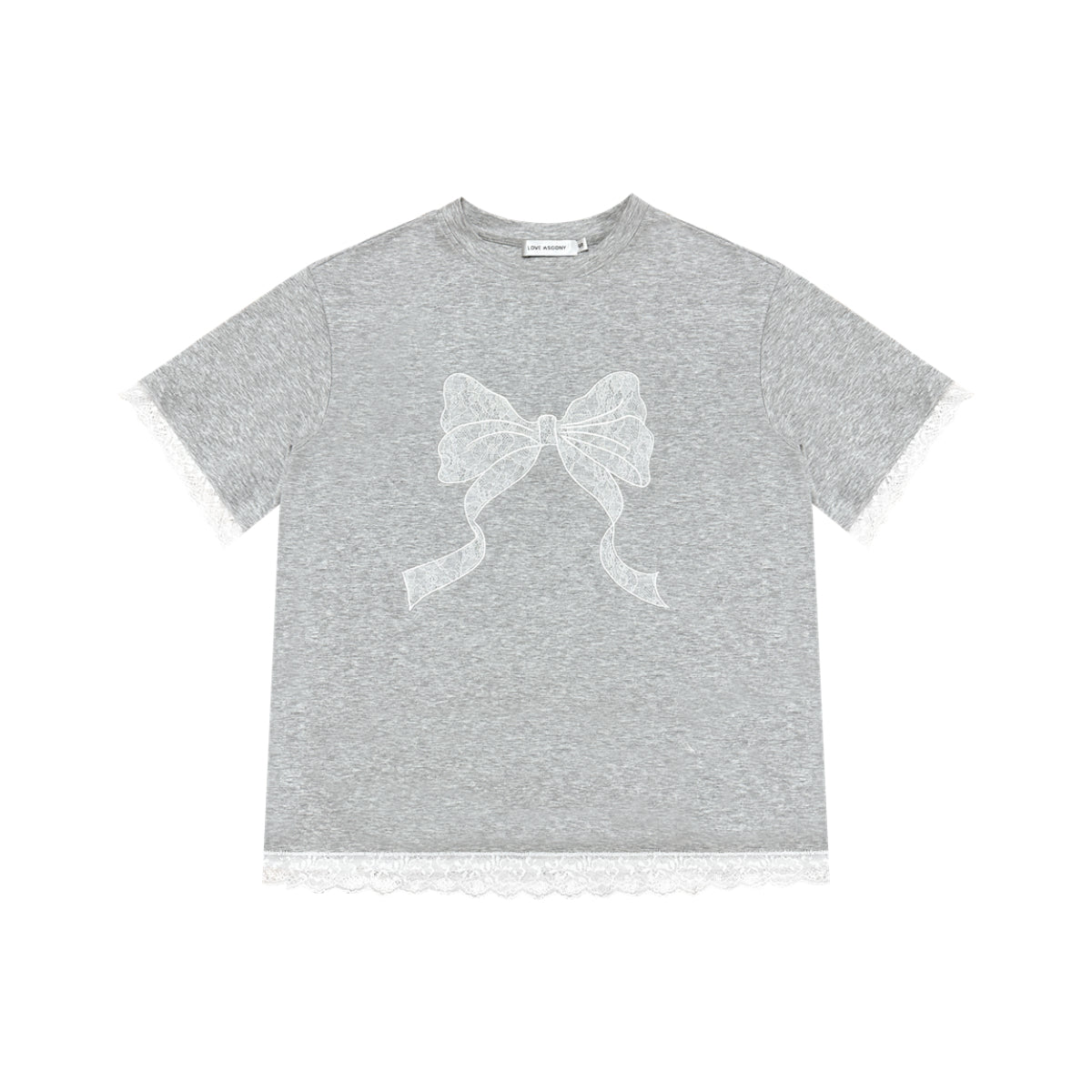 AsGony Lace Patchwork Bow Tie T-Shirt Grey