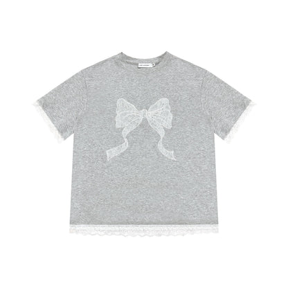 AsGony Lace Patchwork Bow Tie T-Shirt Grey