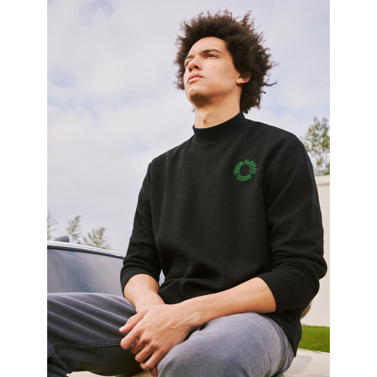 AFGK Half Turtleneck Basic Waffle Embroidery Logo L/S Tee Black