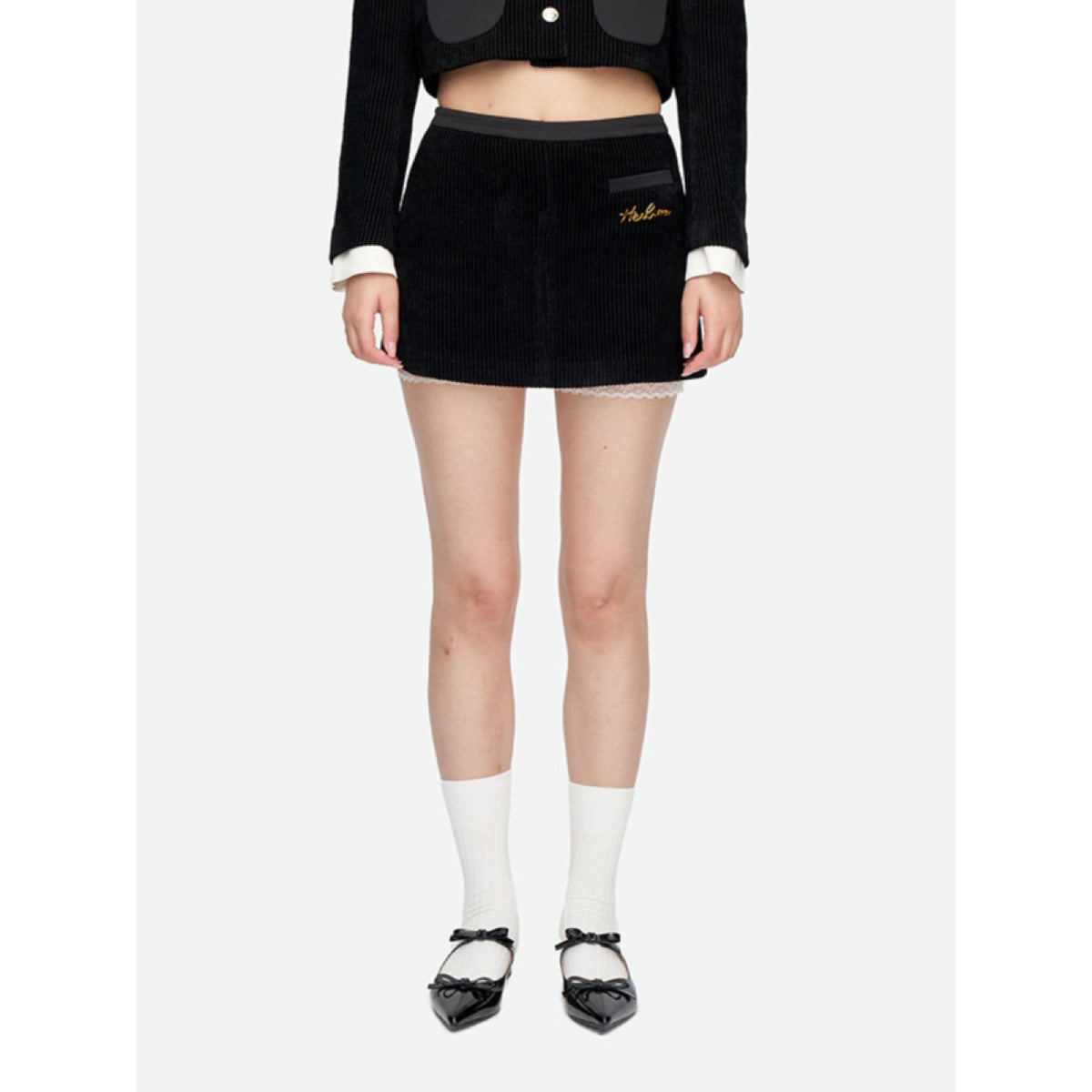 Herlian Embroidery Logo Corduroy Skirt Shorts Black