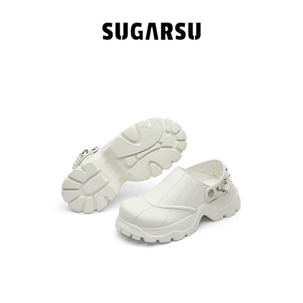 SugarSu Pearl Chain Decorated Tip-Tilt Clog Mules White