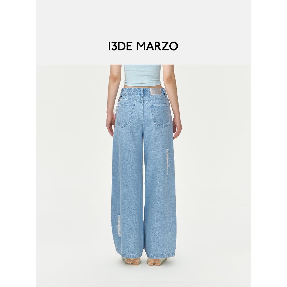 13De Marzo Beaded Logo Chain Wide-Leg Jeans Blue