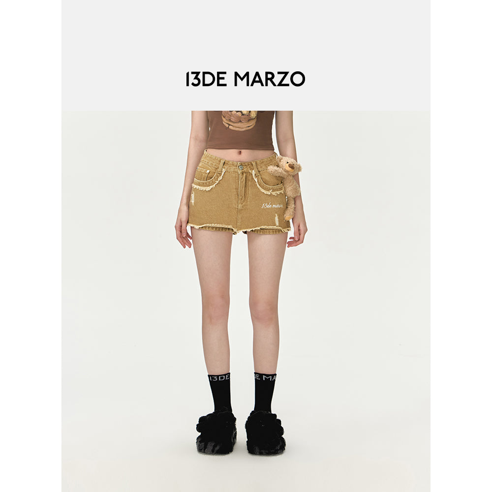 13De Marzo Plush Bear Retro Logo Chain Denim Shorts Khaki