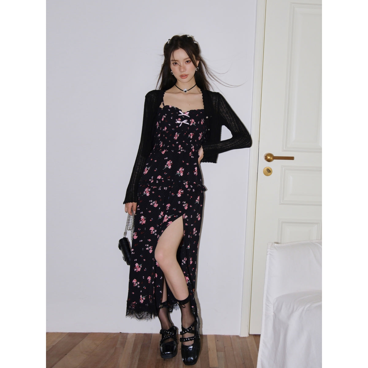 AsGony Floral Suspender Long Dress Black