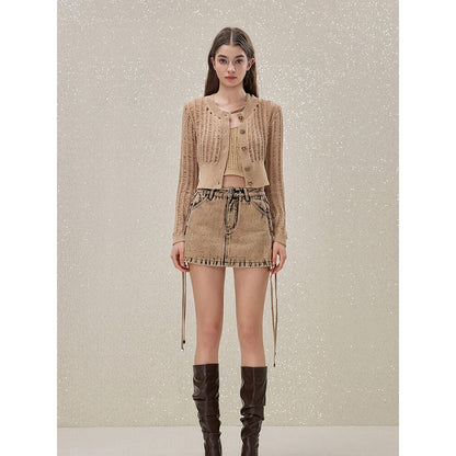 Rocha Roma Wasteland Punk Hollow Knitted Cardigan Khaki