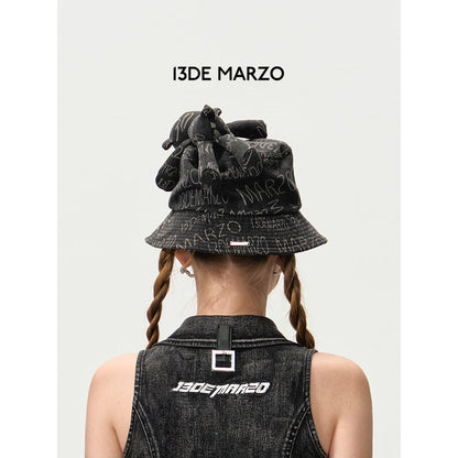 13De Marzo Graffiti Logo Denim Bucket Hat Black