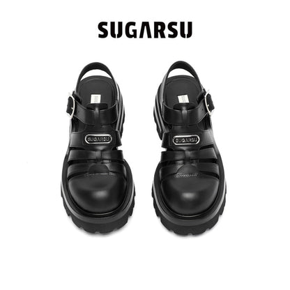 SugarSu Vintage Platform Thick-Soled Roman Sandals Black