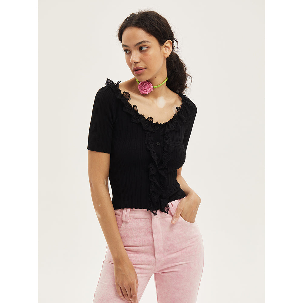 Palavas Lace Edge Short Sleeve Top Black