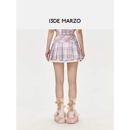 13De Marzo Plaid Low Waist Pleated Skirt Pink