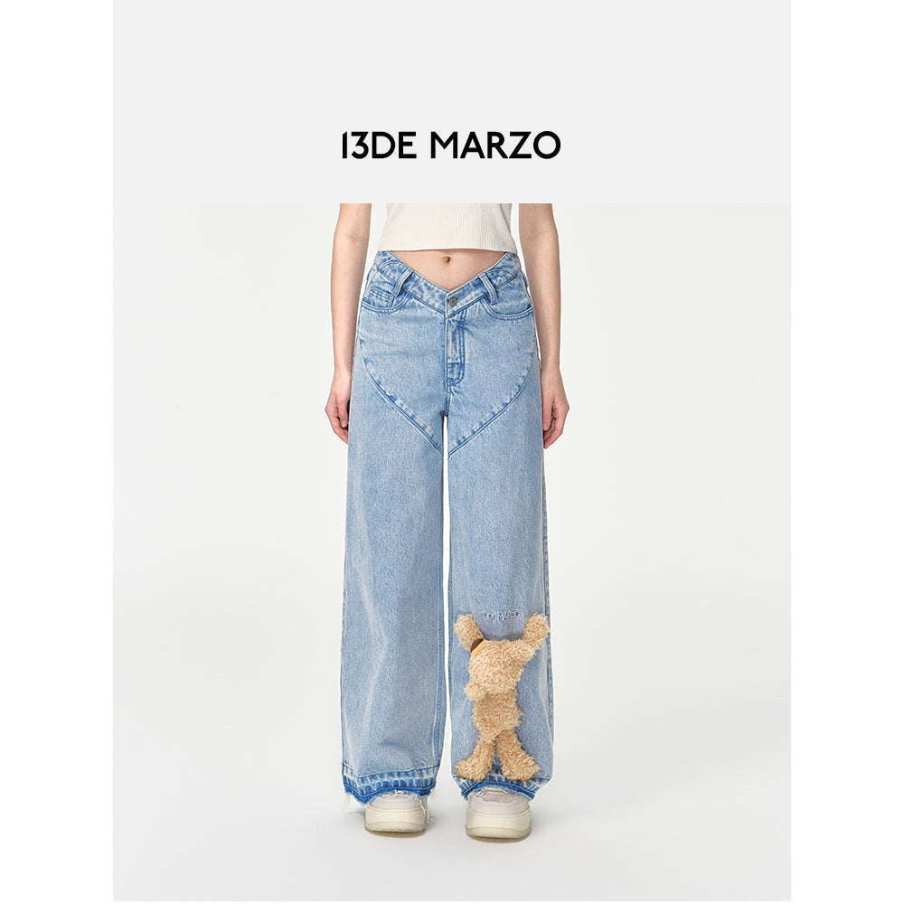 13De Marzo Heart Bear Wide Leg Washed Denim Pants