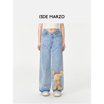 13De Marzo Heart Bear Wide Leg Washed Denim Pants