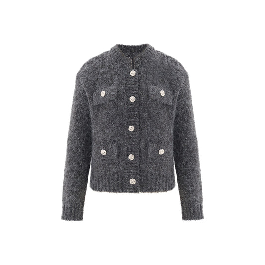 Concise-White Sliver Button Knitted Cardigan Dark Grey