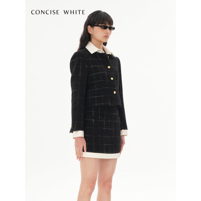 Concise-White Plaid Patchwork Woolen Tweed Coat Black